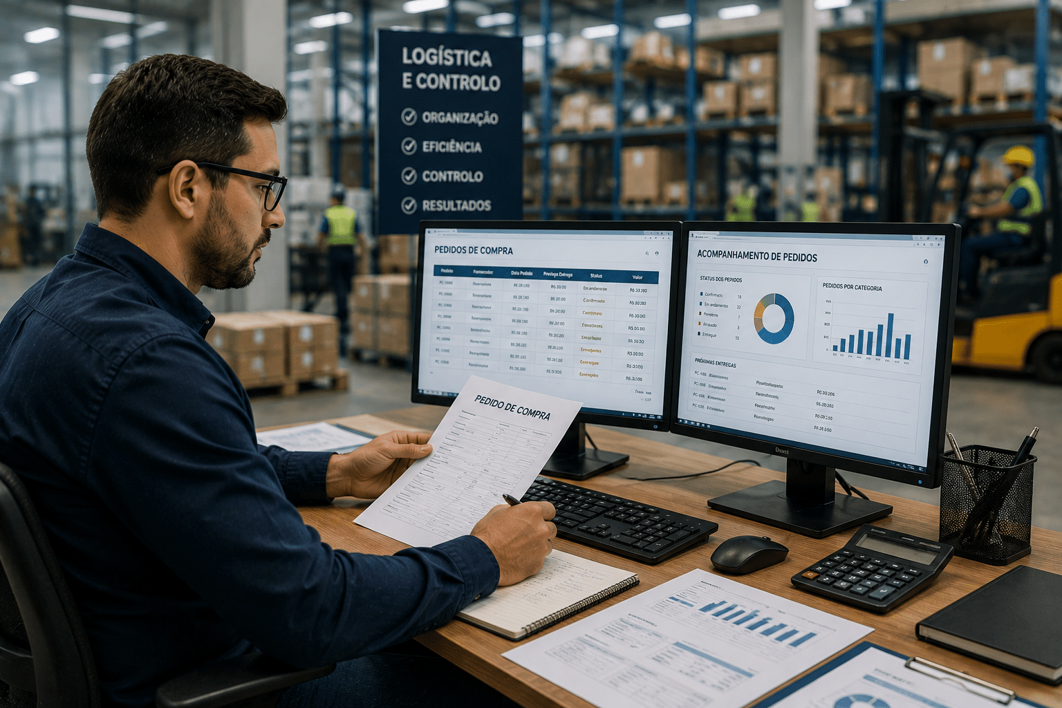 Profissional realizando gestão de pedidos de compras com análise de documentos, controle de solicitações e acompanhamento de processos.